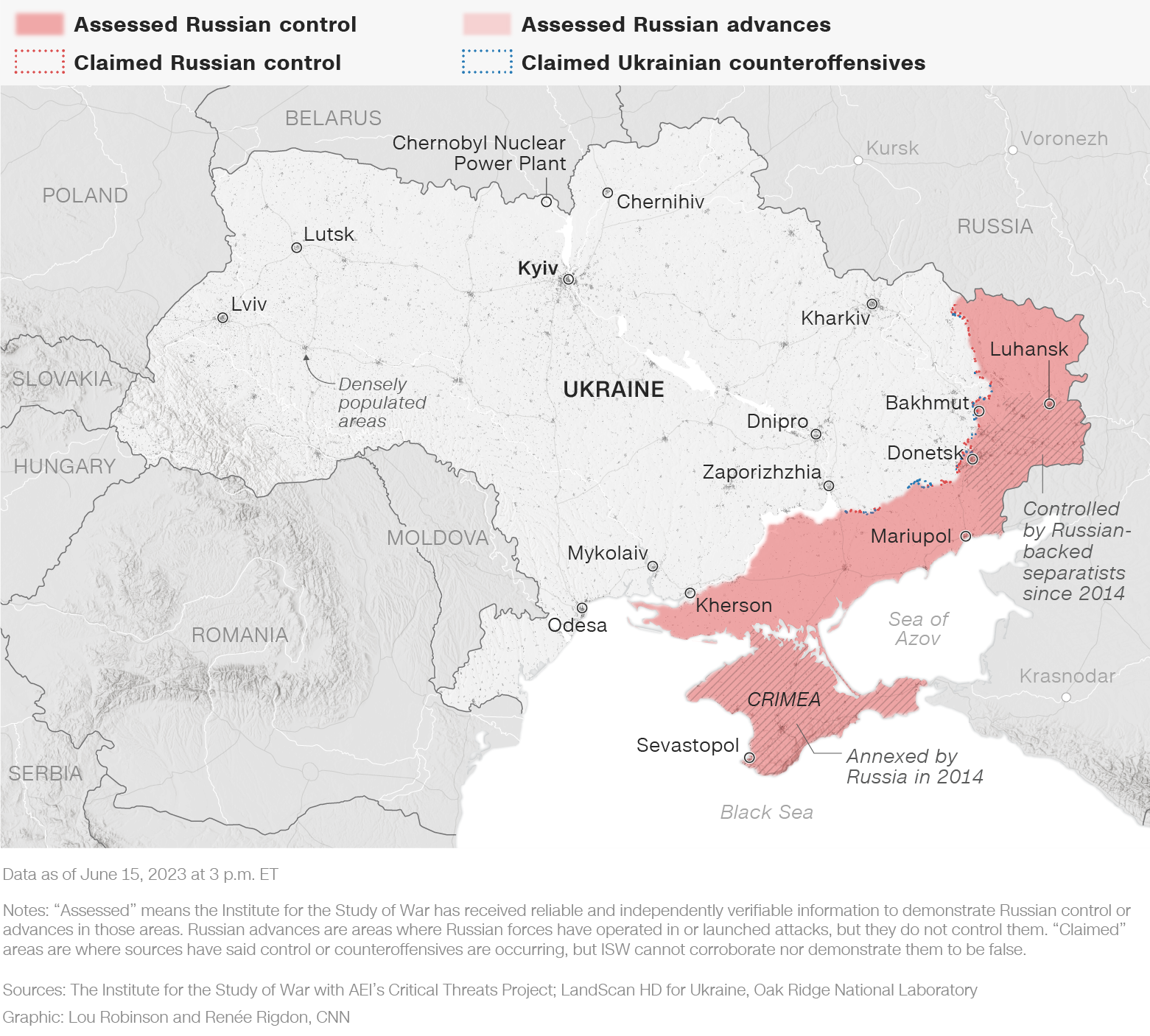 赤色はロシアの支配下と推定される地域、薄いピンク色はロシアが進軍していると推定される地域、赤い点線はロシアが支配していると主張する地域、青い点線はウクライナが反攻していると主張する地域。米東部時間6月15日午後3時時点/CNN