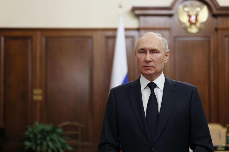 ロシアのプーチン大統領が２６日夜、国民向けの演説を行った/ Gavriil Grigorov/Sputnik/AFP/Getty Images