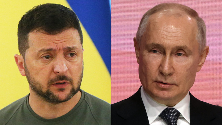 ウクライナのゼレンスキー大統領（左）とロシアのプーチン大統領/Getty Images