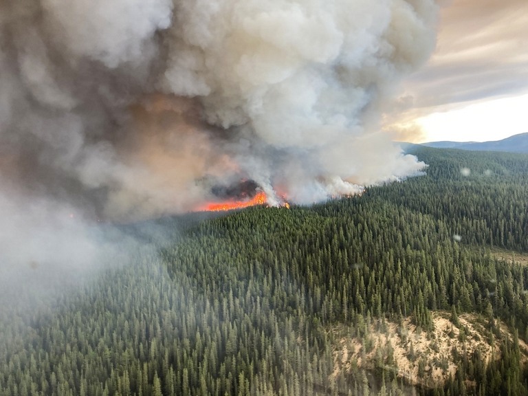 カナダ・ブリティッシュコロンビア州の山火事を捉えた空撮画像/BC Wildfire Service/Anadolu Agency/Getty Images