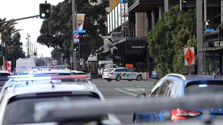 銃撃現場付近で対応する警察車両＝２０日、ニュージーランド・オークランド/Nathan Frandino/Reuters