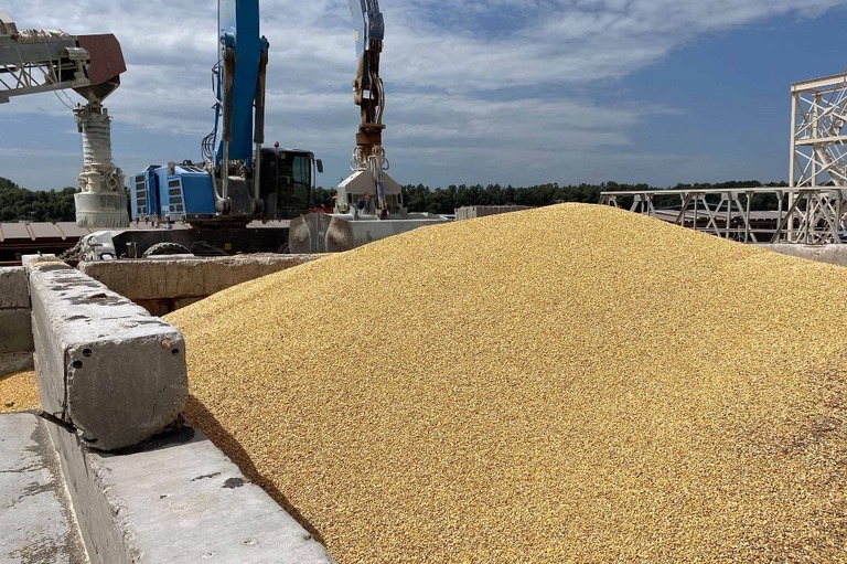 ウクライナ・オデーサ州の港湾に積み上がった穀物/Stringer/AFP/Getty Images