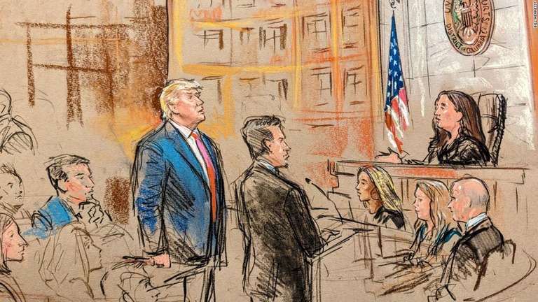 トランプ氏が罪状認否で「無罪」と答弁する瞬間を描いた法廷画/Bill Hennessy