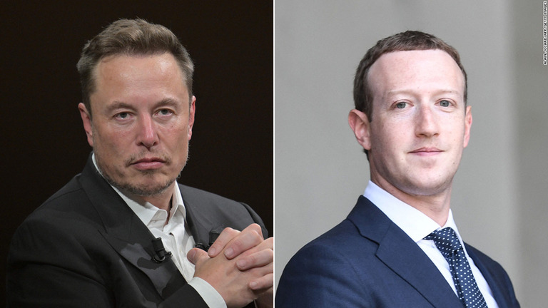 米実業家イーロン・マスク氏（左）と米メタの最高経営責任者（ＣＥＯ）マーク・ザッカーバーグ氏/Alain Jocard/AFP/Getty Images