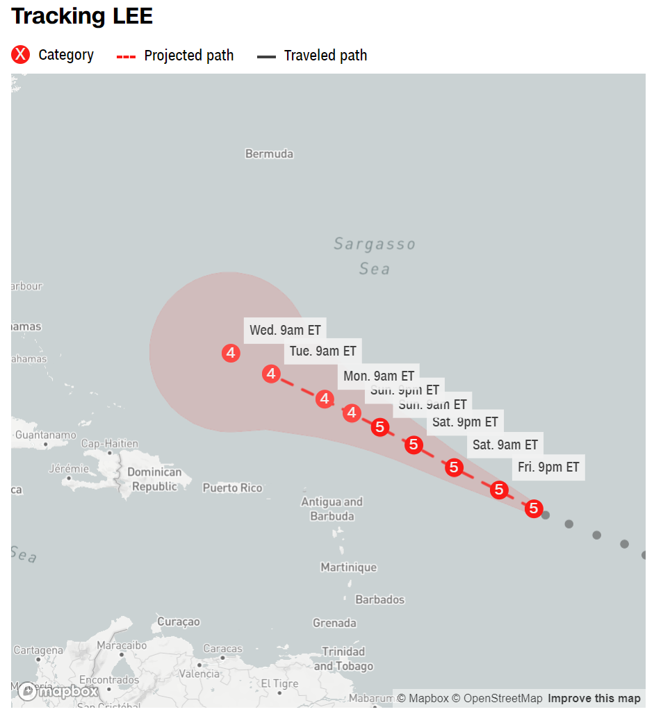 「リー」は週末までに勢力がピークに達する可能性が高く、来週前半まで北大西洋南西部の海上で危険なハリケーンの勢力を保つとみられている/Mapbox, OpenStreetMap