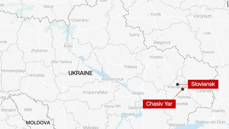 ＮＧＯのメンバーを乗せた車両はスラビャンスクからバフムート方面へ向かう途中「ロシアの攻撃」を受けたという/Mapbox