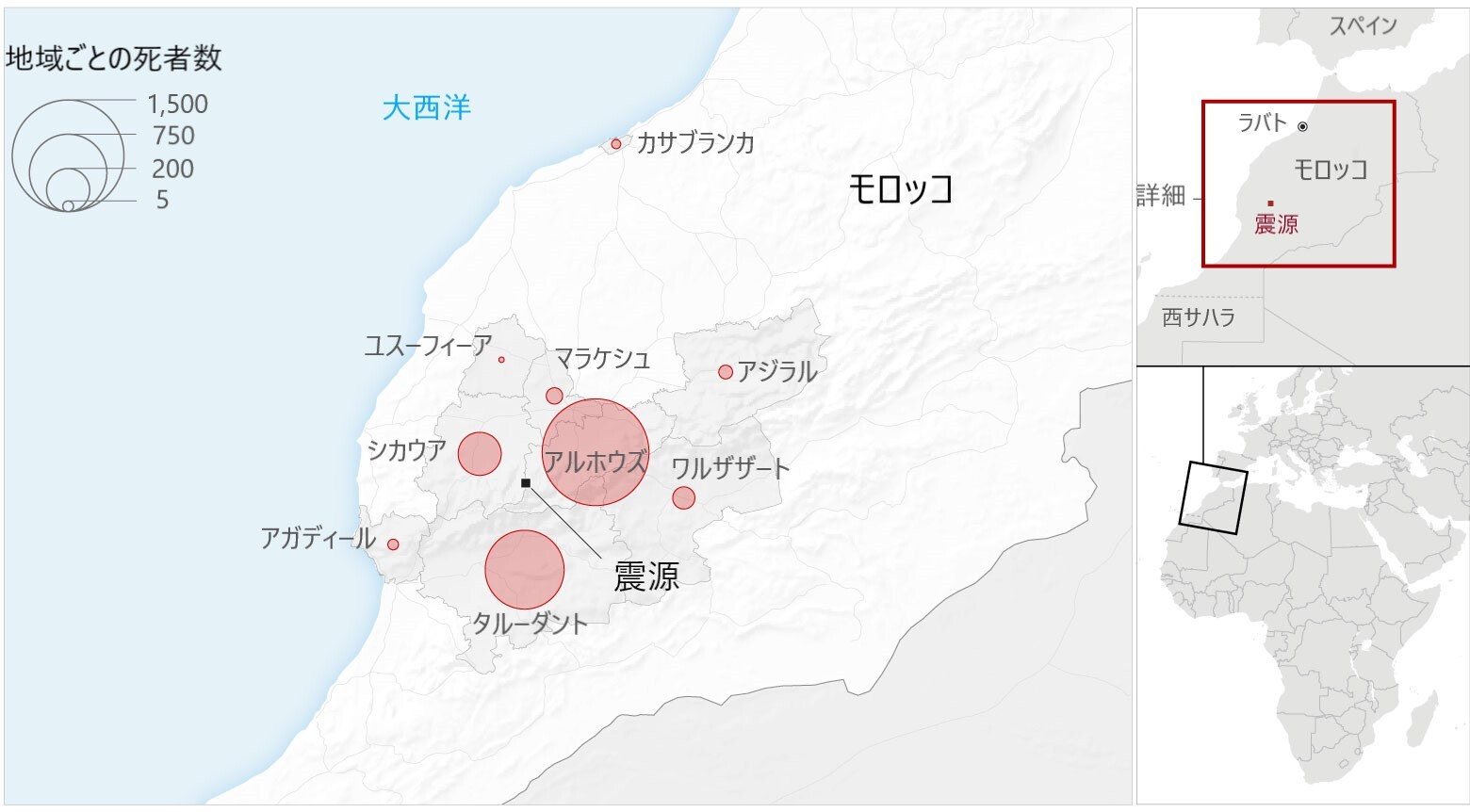 米東部時間２０２３年９月１０日時点の地域別データ。最終更新は米東部時間９月１２日午前１０時/Sources:State media 2M, US Geological Survey, High Commission for Planning of the Kingdom of Morocco  Graphic: Lou Robinson, CNN