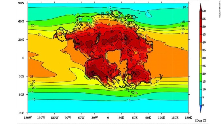 超大陸と地球全体の最も暖かい月の平均気温を示したイメージ/University of Bristol