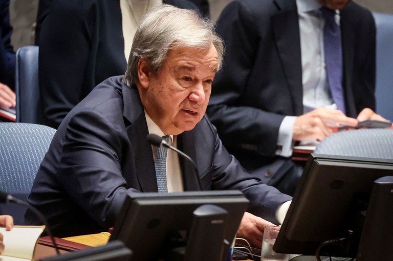 国連のグテーレス事務総長は、ハマスに対しイスラエルに対する攻撃の停止と人質の解放を呼び掛けた/Brendan McDermid/Reuters