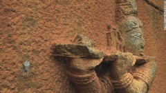 ヒンドゥー教の神、クリシュナのレリーフの隣に佇むナガイボグモ＝印カルナータカ州
