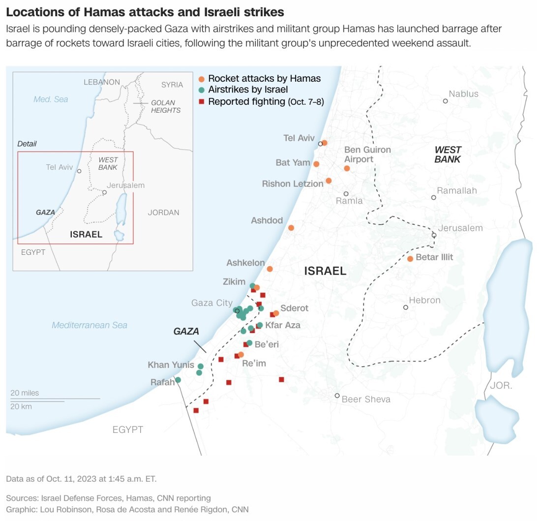 オレンジ色はハマスによるロケット弾攻撃、緑色がイスラエルによる空爆、赤色は１０月７日から８日にかけて戦闘が起きたと報告された場所/CNN