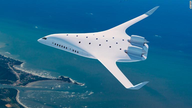翼胴一体型の「ブレンデッドウィング」航空機は炭素排出量の削減につながる可能性がある。画像は米カリフォルニア州に拠点を置くジェット・ゼロのデザインの完成予想図/JetZero