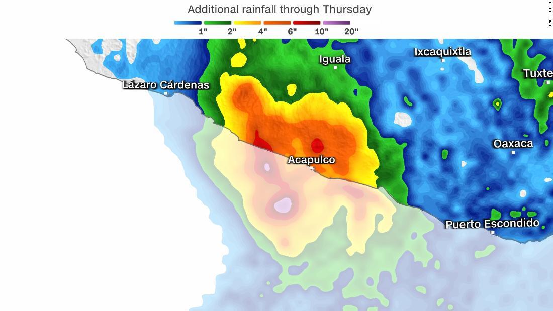 メキシコ南部ゲレロ州アカプルコ周辺の２６日までの予想降水量/cnnweather