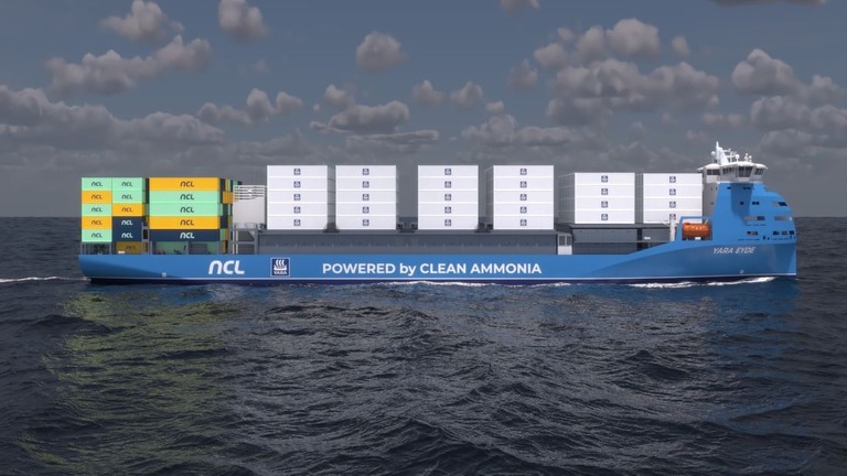 温室効果ガス排出量をほぼゼロに抑えた世界初の貨物船「ヤラ・アイデ」の完成予想図/Courtesy Yara/North Sea Container Line