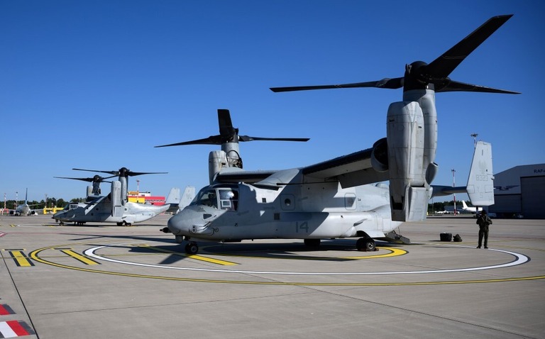 米空軍機ＣＶ２２オスプレイ＝９月１８日、ラトビア・リガ空港/Bernd von Jutrczenka/picture alliance/Getty Images