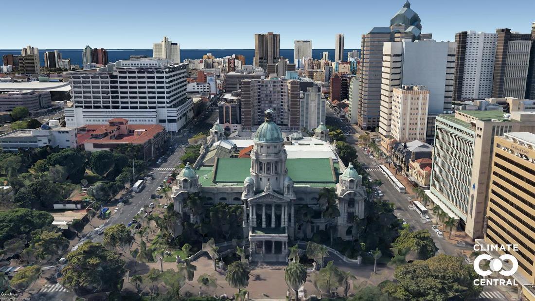 COP17を開催した南アフリカ・ダーバンの市庁舎付近、1.5度の温暖化の場合/Climate Central