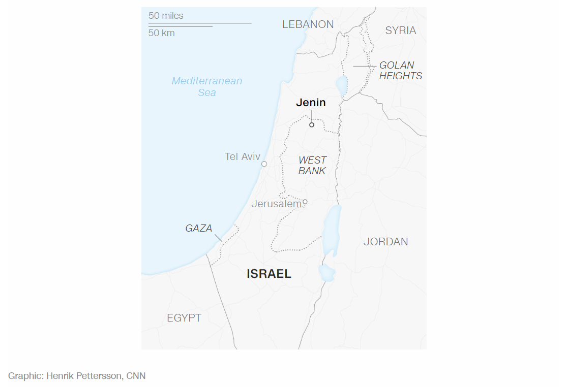 ジェニンはヨルダン川西岸地区の北部に位置する/Graphic: Henrik Pettersson, CNN