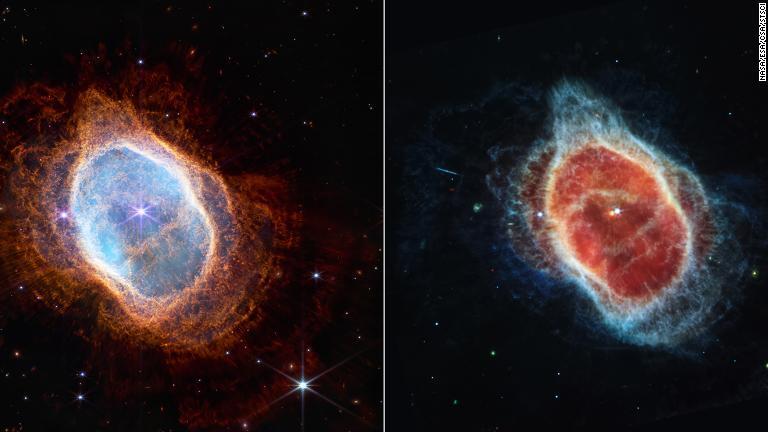 「南のリング星雲」を捉えた近赤外線光（左）と中間赤外線（右）の画像を比較/NASA/ESA/CSA/STScI