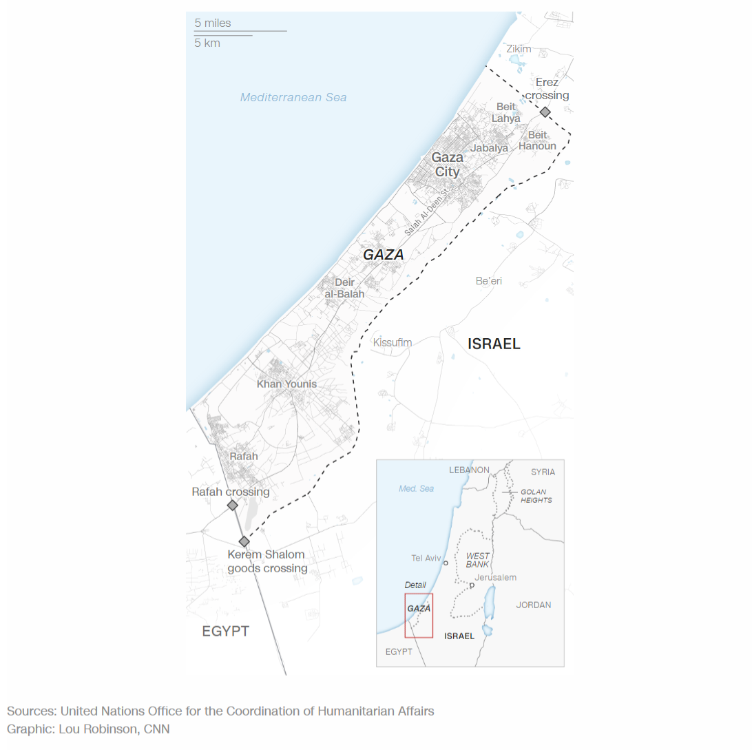 パレスチナ自治区ガザ地区。ハンユニスは南部にある/Sources: United Nations Office for the Coordination of Humanitarian Affairs Graphic: Lou Robinson, CNN