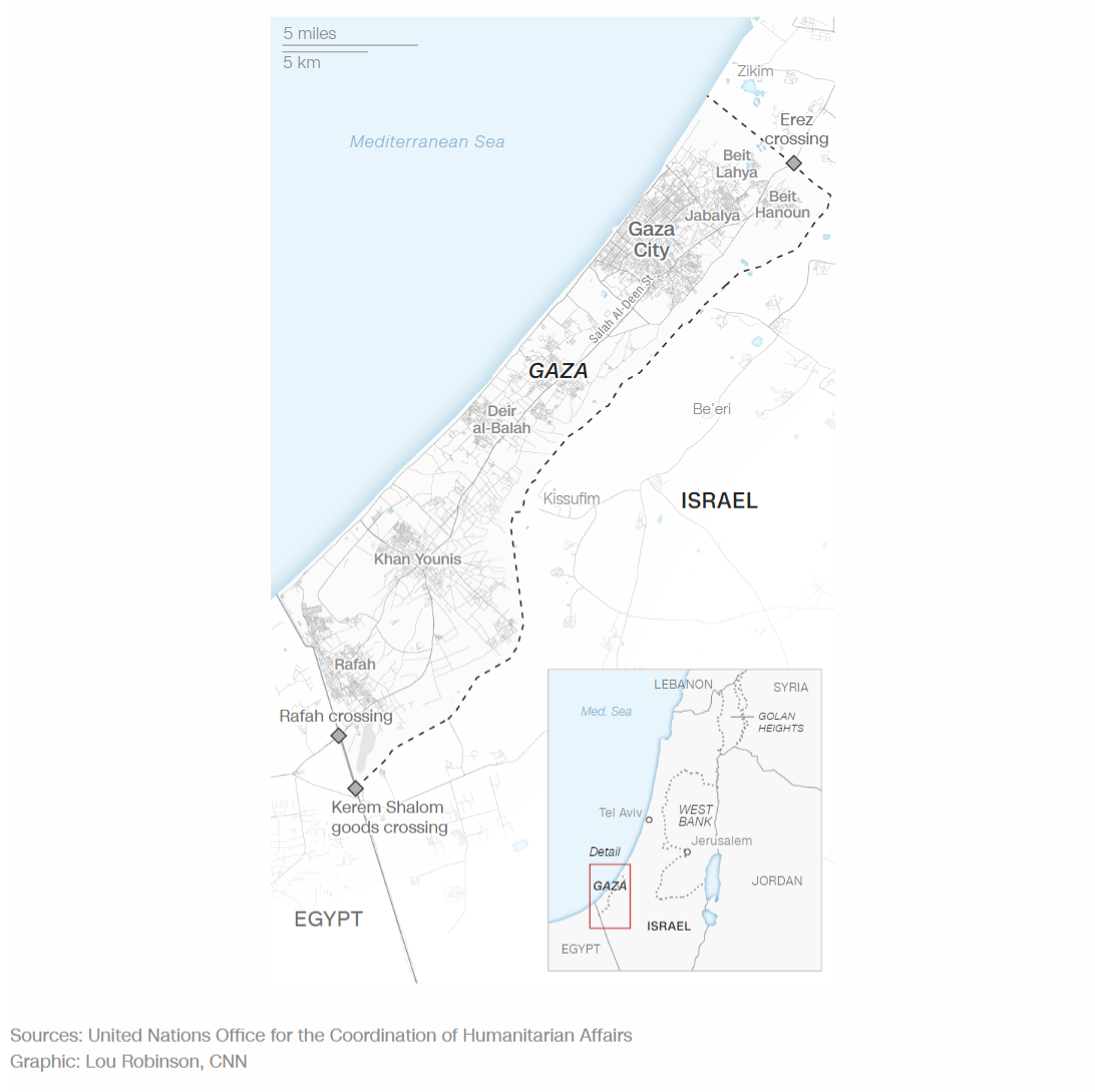 パレスチナ自治区ガザ地区。ハンユニスは南部にある/Sources: United Nations Office for the Coordination of Humanitarian Affairs  Graphic: Lou Robinson, CNN