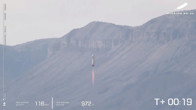 ブルーオリジンのロケット「ニューシェパード」が打ち上げに成功＝１９日、米テキサス州/Blue Origin