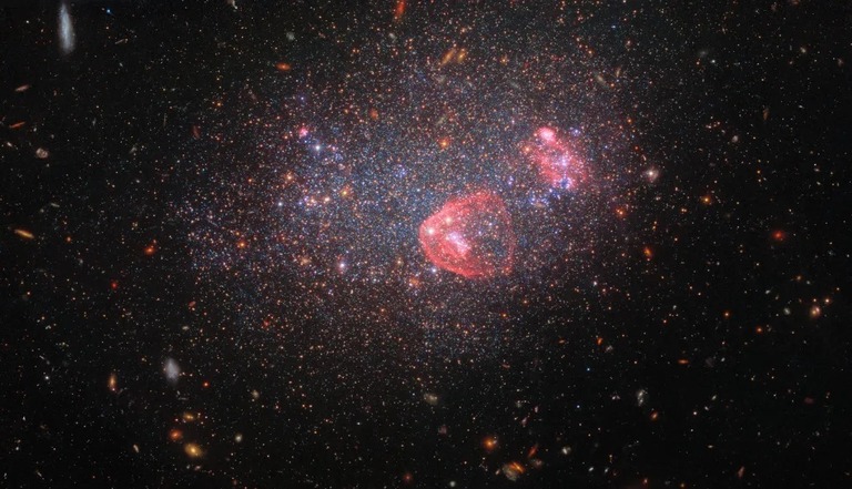 １０億個の恒星からなる矮小銀河の「ＵＧＣ８０９１」。/NASA/Hubble/ESA