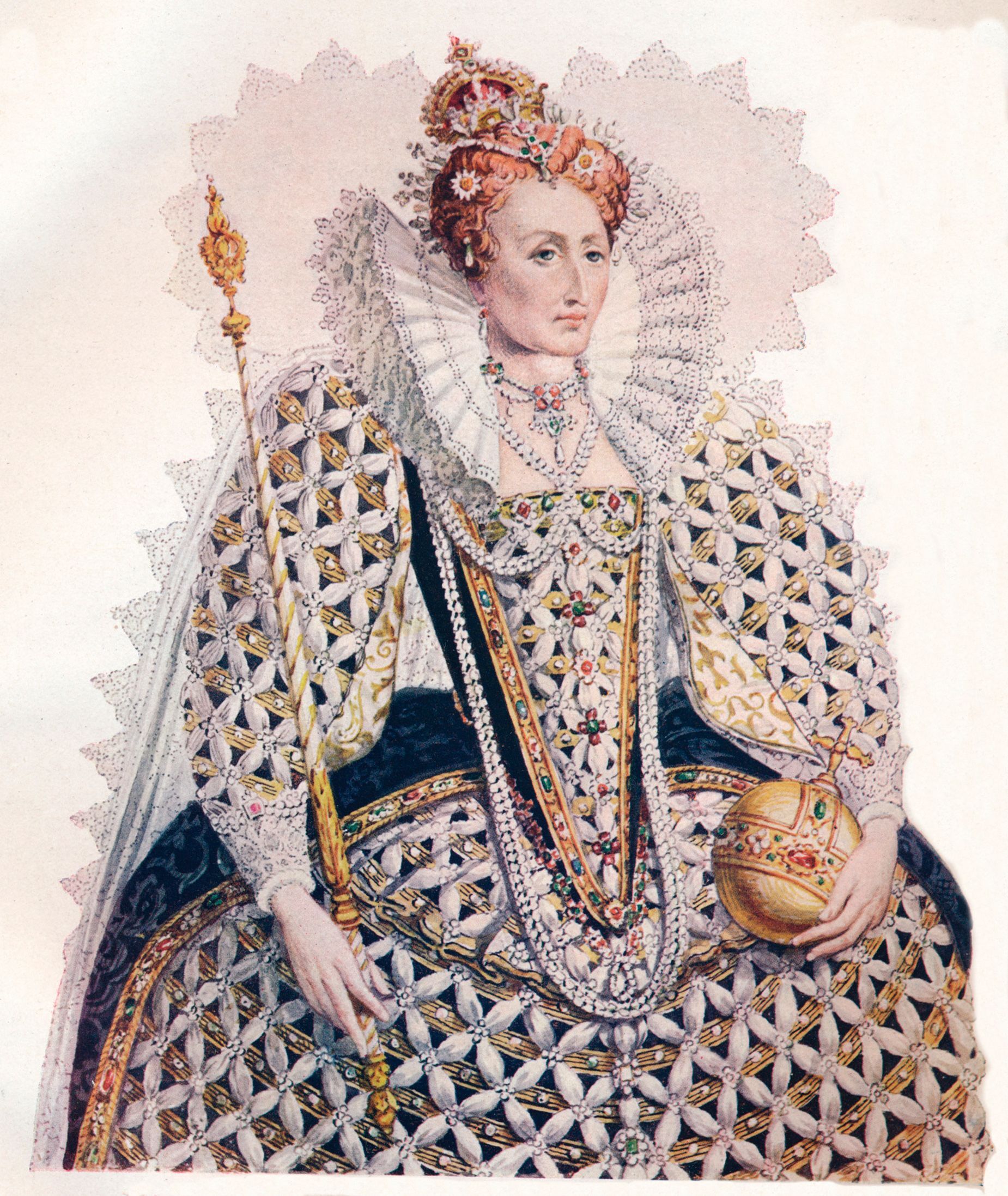 １５５８年から１６０３年までイングランドを統治したエリザベス女王はオーバーン（赤褐色）の髪で知られる。特別に選んだかつらだったとの見方もある/Print Collector/Getty Images