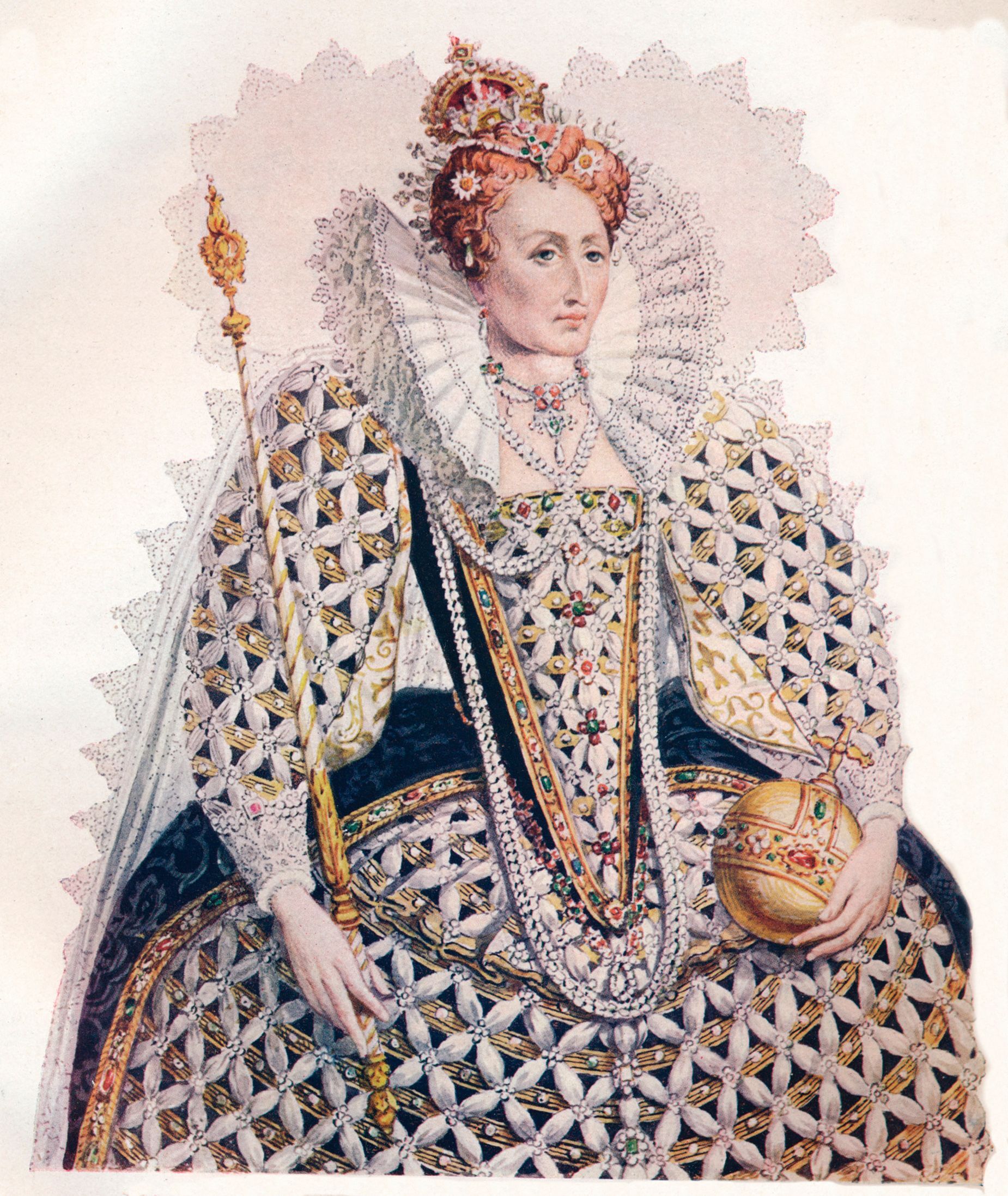 1558年から1603年までイングランドを統治したエリザベス女王はオーバーン(赤褐色)の髪で知られる。特別に選んだかつらだったとの見方もある/Print Collector/Getty Images