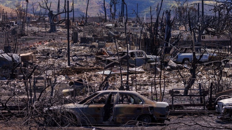 米ハワイ州マウイ島で発生した火災の焼け跡＝２０２３年８月/Mike Blake/Reuters