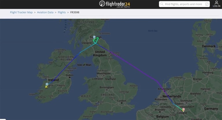 シャノン（アイルランド）からエディンバラ（スコットランド）へ向かった便は最終的に、ドイツのケルンに行き先を変更した/FlightRadar