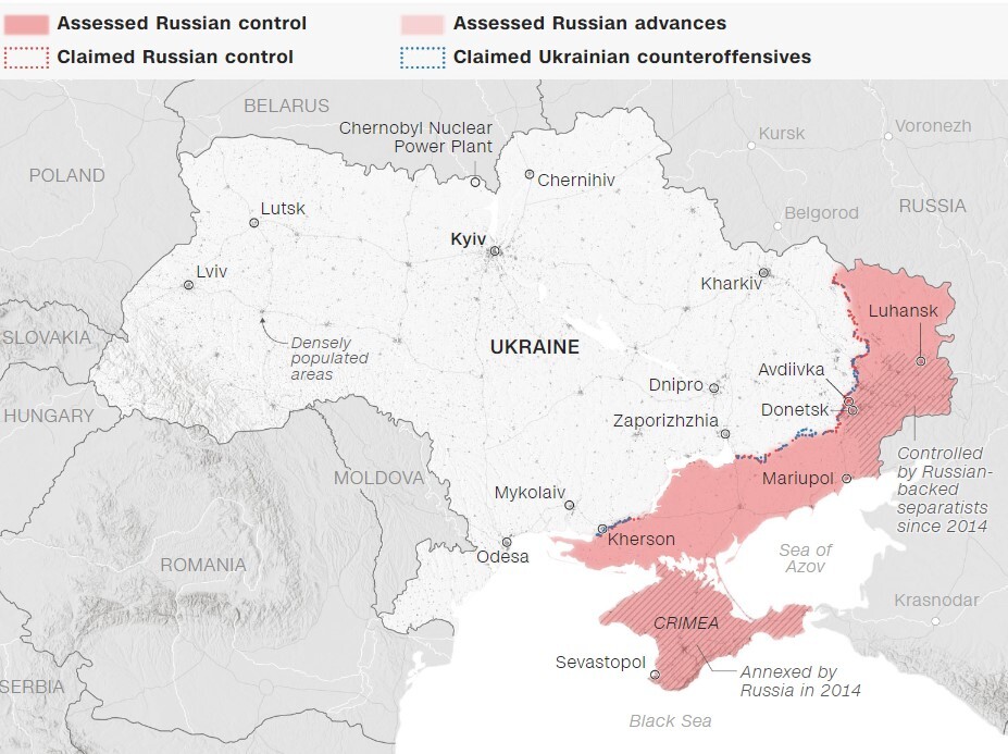米東部時間2月15日午後3時時点のデータ。赤とピンクの「Assessed」は、ロシアが制圧または前進したことを示す信頼できる情報、独立した立場から検証可能な情報を戦争研究所(ISW)が受け取ったことを意味する。「前進」はロシア軍の活動や攻撃が実施されている地域を指す。破線で示された「Claimed」は、制圧あるいは反転攻勢が起きているとの情報があるものの、ISWは裏付けを取ることも、虚偽と証明することもできない地域を指す/The Institute for the Study of War with AEI’s Critical Threats Project; LandScan HD for Ukraine, Oak Ridge National Laboratory Graphic: Henrik Pettersson and Renée Rigdon, CNN