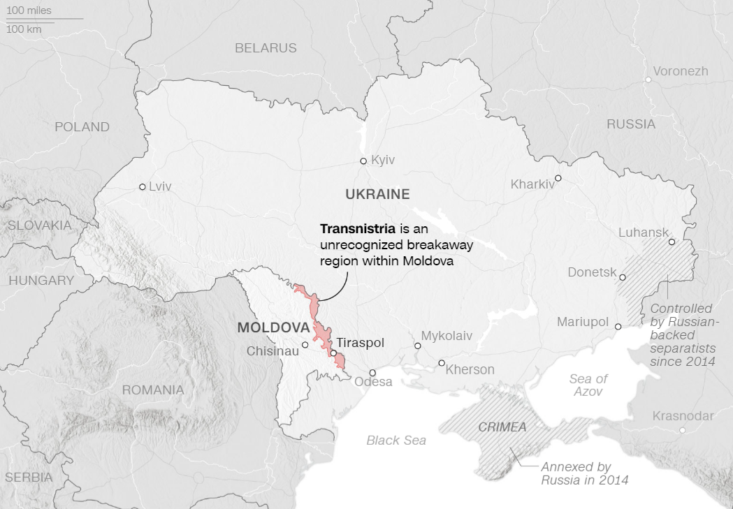 赤い地域がトランスニストリア。モルドバ国内の承認されていない分離派地域/Source: Encyclopedia Britannica Graphic: Natalie Croker and Lou Robinson, CNN