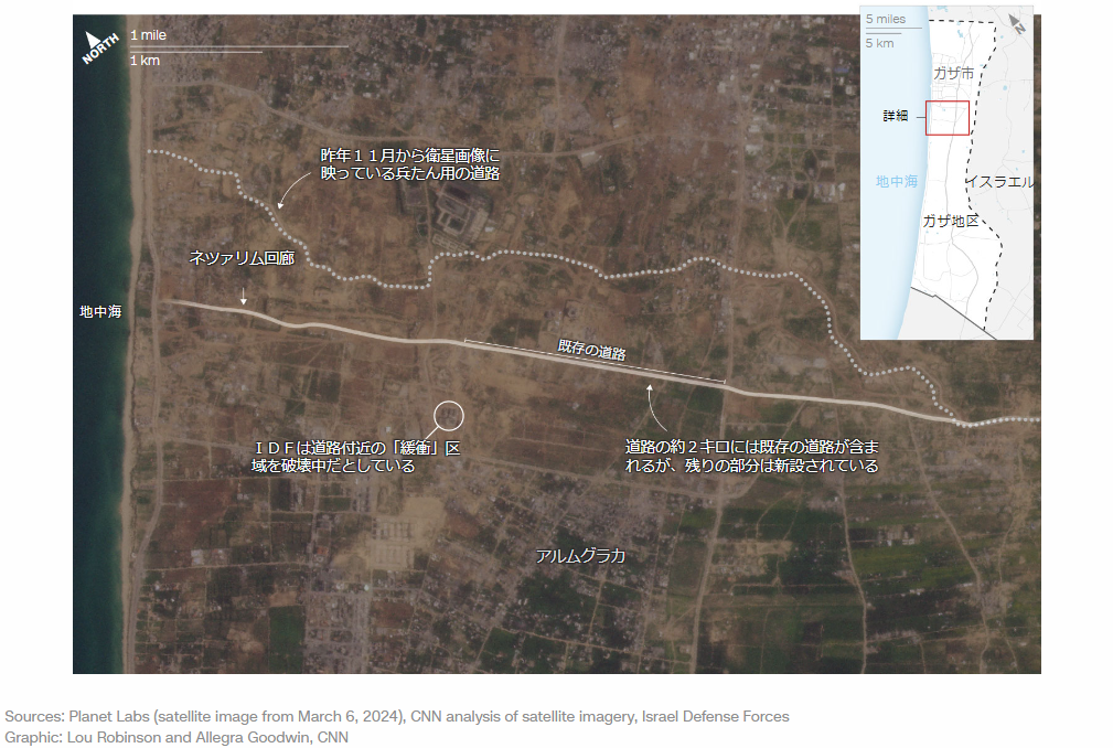 イスラエル国防軍がガザ地区に建設中の道路「ネツァリム回廊」が地中海岸に到達したことを示す衛星画像。ガザ地区を南北に二分している