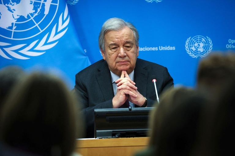 記者会見に臨む国連のグテーレス事務総長＝２月、国連本部/Mike Segar/Reuters