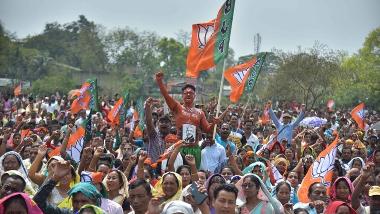 モディ首相率いるインド人民党（ＢＪＰ）の政治集会/Anuwar Hazarika/NurPhoto/Getty Images