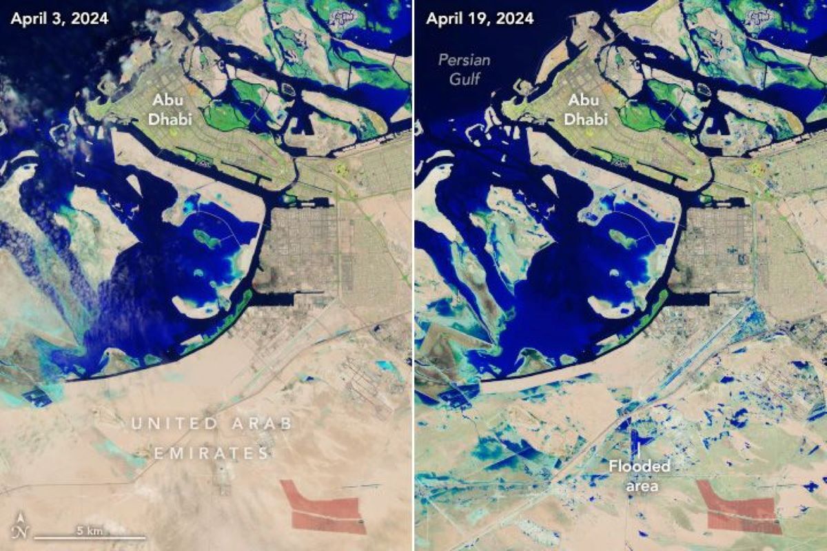 洪水前の３日（左）と洪水後の１９日を捉えたアブダビの衛星画像/NASA via CNN Newsource