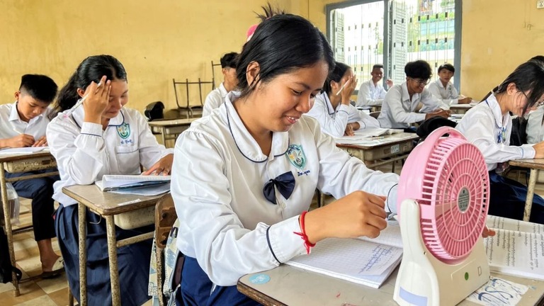 扇風機を使って涼む女子生徒＝２日、カンボジア/Chan Tha Lach/Reuters