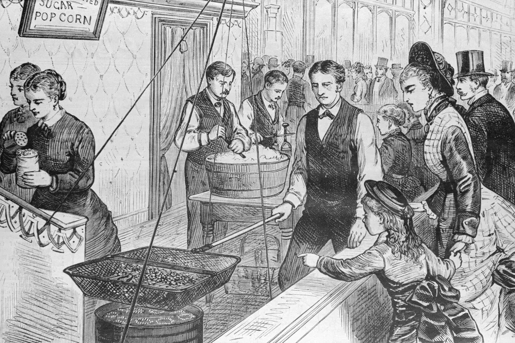 1876年、米フィラデルフィアで開かれた万国博覧会会場のポップコーン売り場の様子/Bettmann Archive/Getty Images