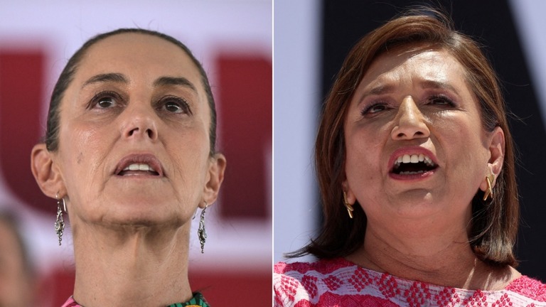 メキシコ大統領選に出馬した与党「国家再生運動」（モレナ）のクラウディア・シェインバウム氏（左）と野党連合のソチル・ガルベス氏/Getty Images/Reuters