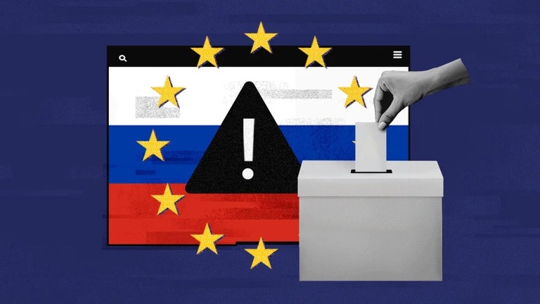 ロシアによる偽情報工作がＥＵの欧州議会選に影響を及ぼすと懸念されている/Photo illustration by CNN/Getty Images