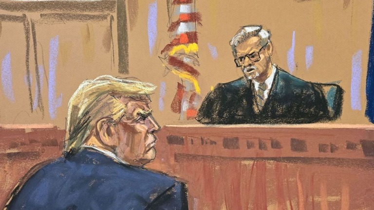 出廷したトランプ前大統領とマーシャン判事のスケッチ/Jane Rosenberg
