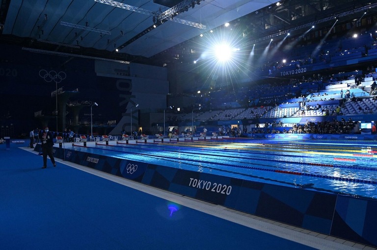 東京五輪で競技会場となった東京アクアティクスセンターのプール＝２０２１年７月２９日/Attila Kisbenedek/AFP/Getty Images