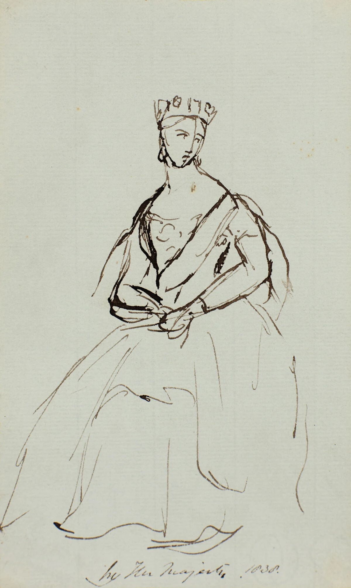 「王冠とサッシュを身に着けた座った女性」と題されたビクトリア女王のインク画/Roseberys Fine Art Auctioneers & Valuers