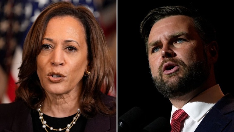 米国のハリス副大統領（左）とバンス上院議員（右）/AP via CNN Newsource