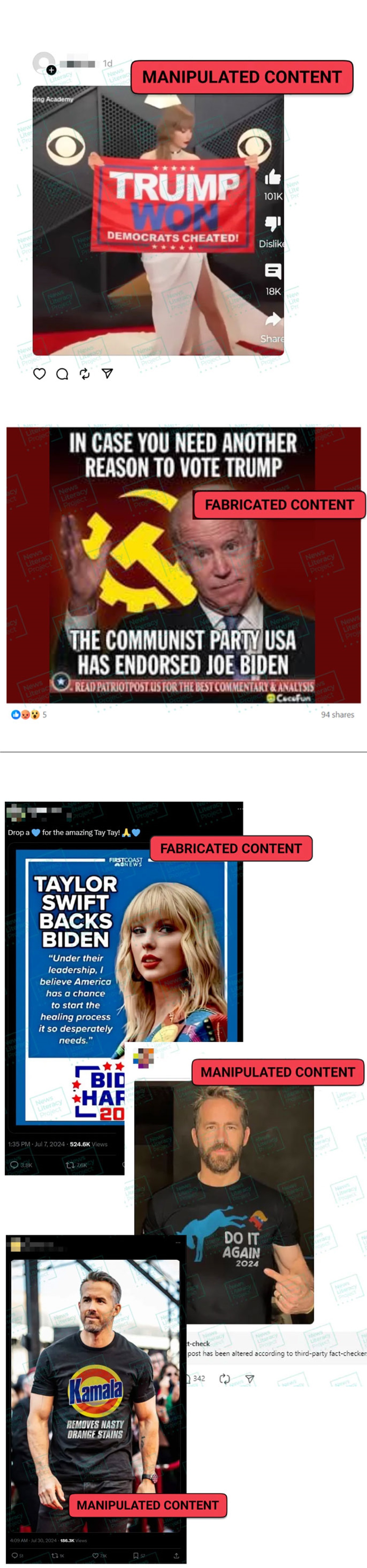 SNS上でみられたバイデン氏・トランプ氏らの支持や反対を表明する偽情報/Source: News Literacy Project Graphic: CNN
