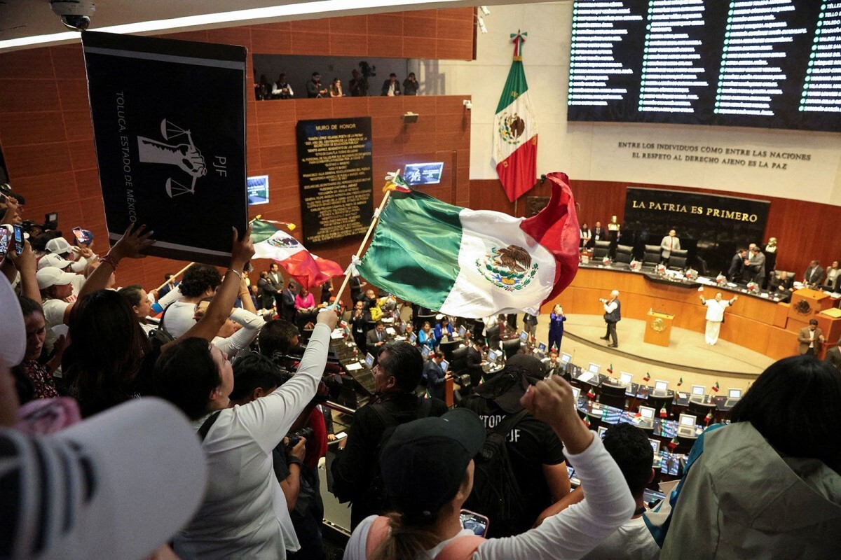 議事堂に入りメキシコの国旗を振るデモ参加者=10日、メキシコ市/Luis Cortes/Reuters