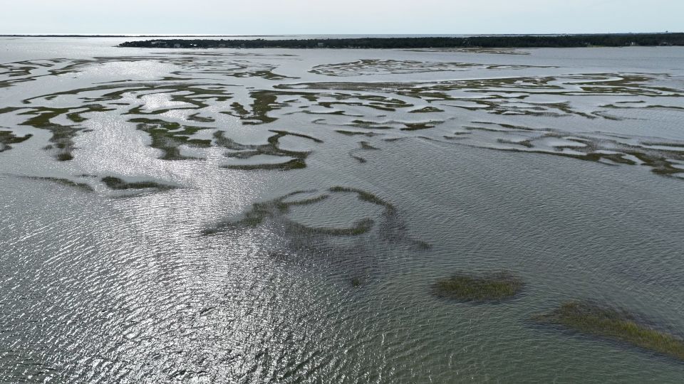 ノースカロライナ州モアヘッドシティー沿岸の空撮画像。専門家によると現地の海草藻場は毎年徐々に減少しているという/CNN