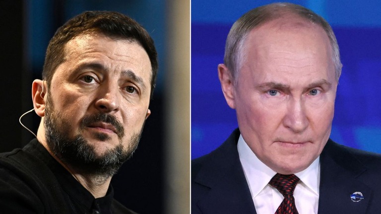 ウクライナのゼレンスキー大統領（左）とロシアのプーチン大統領/Getty Images