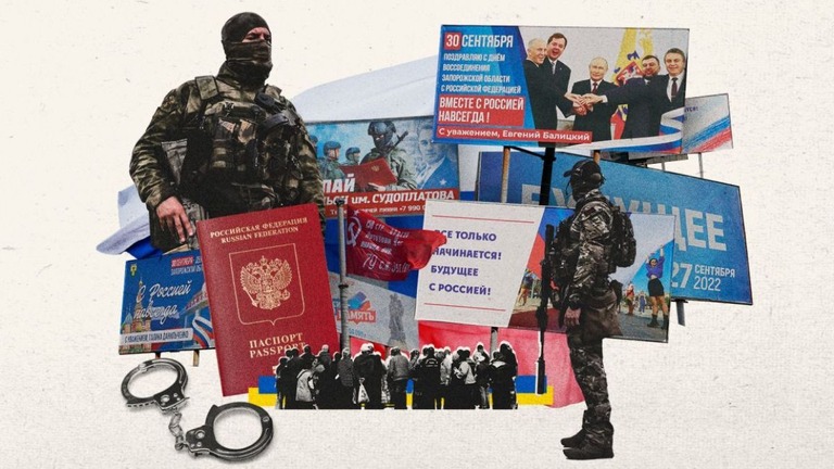 ロシア占領下のウクライナの生活について取材した/Photo Illustration by Alberto Mier/CNN/Getty Images/Reuters