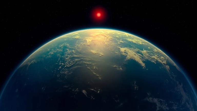 赤色矮星を周回する、水素に富んだ大気の下に液体の水の海を持つ太陽系外惑星のイラスト/A. Smith, N. Madhusudhan/University of Cambridge/Reuters